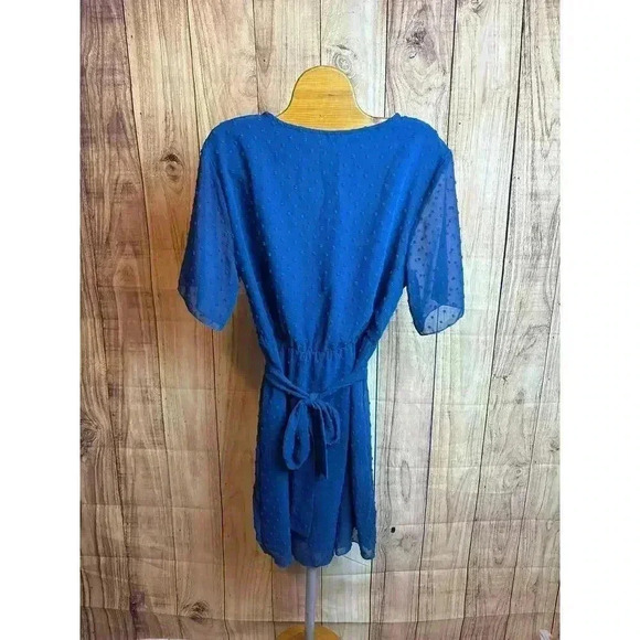 Swiss Dot Faux Wrap Dress with Lining Deep Blue Size S - Picture 5 of 12